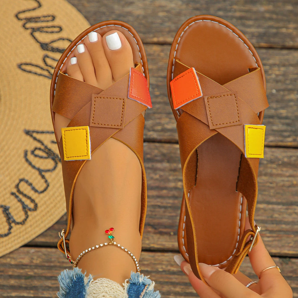 Women Sandals Summer Cross Band Open Toe Beach Shoes Large Flat Zpaxo