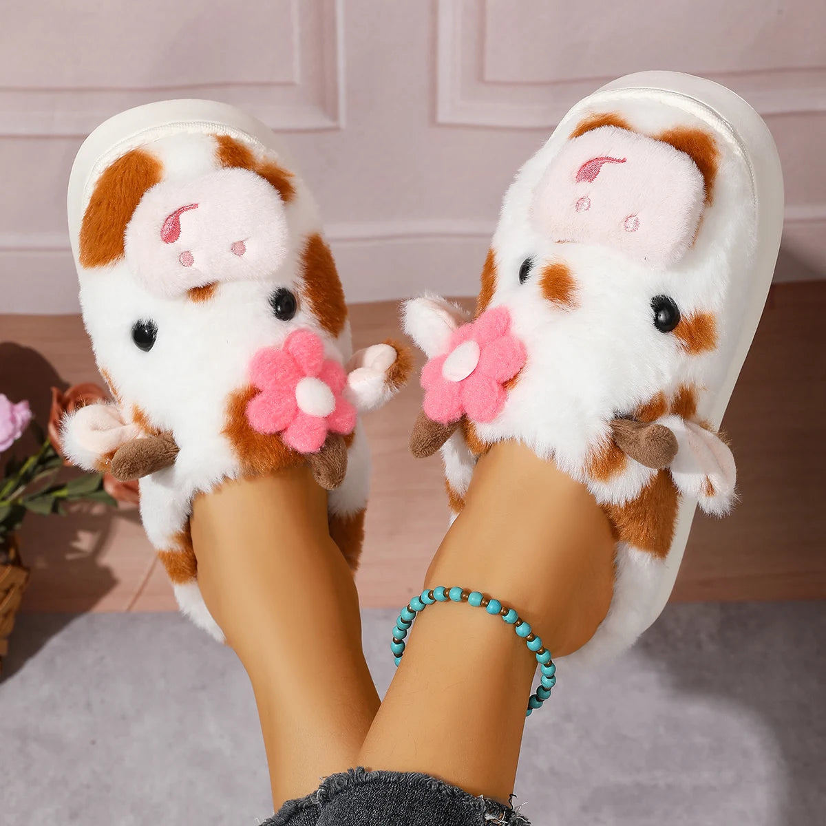 Fluffy Slippers Women Fashion Plush Flat Slippers 2025 New Platform Home Slides Women House Cartoon Cow Designer Women Shoes Zpaxo