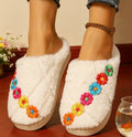 Flower Embroidery Pattern Fuzzy Women's Slippers Winter Comfy Warm