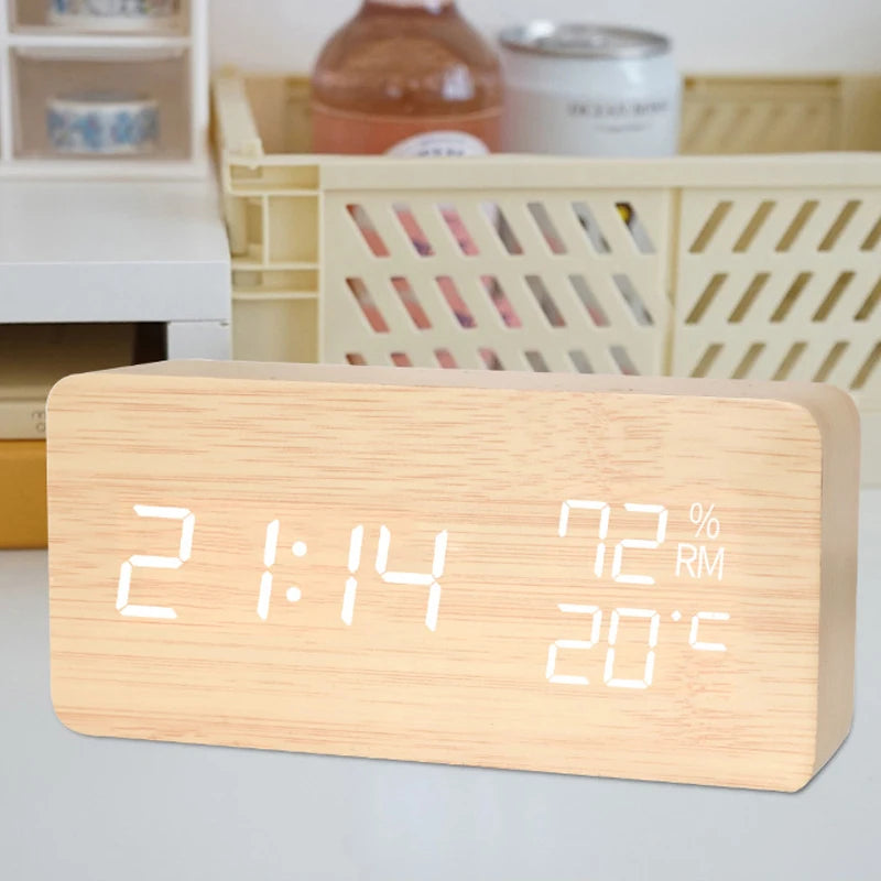 Wooden Temperature Humidity Display Clock Simple LED Silent Desktop