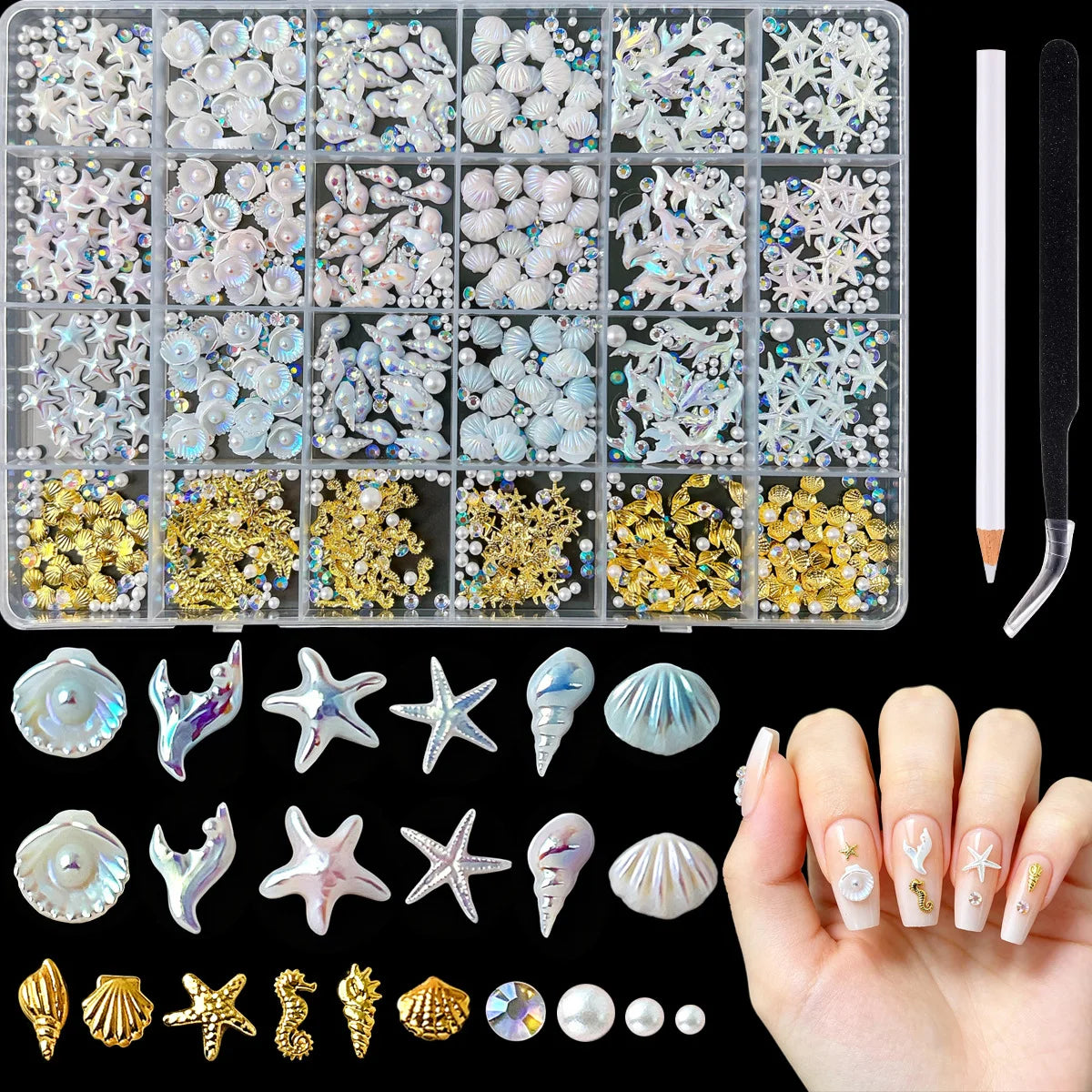 24 Grid Ocean Nail Art Accessories Iridescent Shell Starfish Pearl