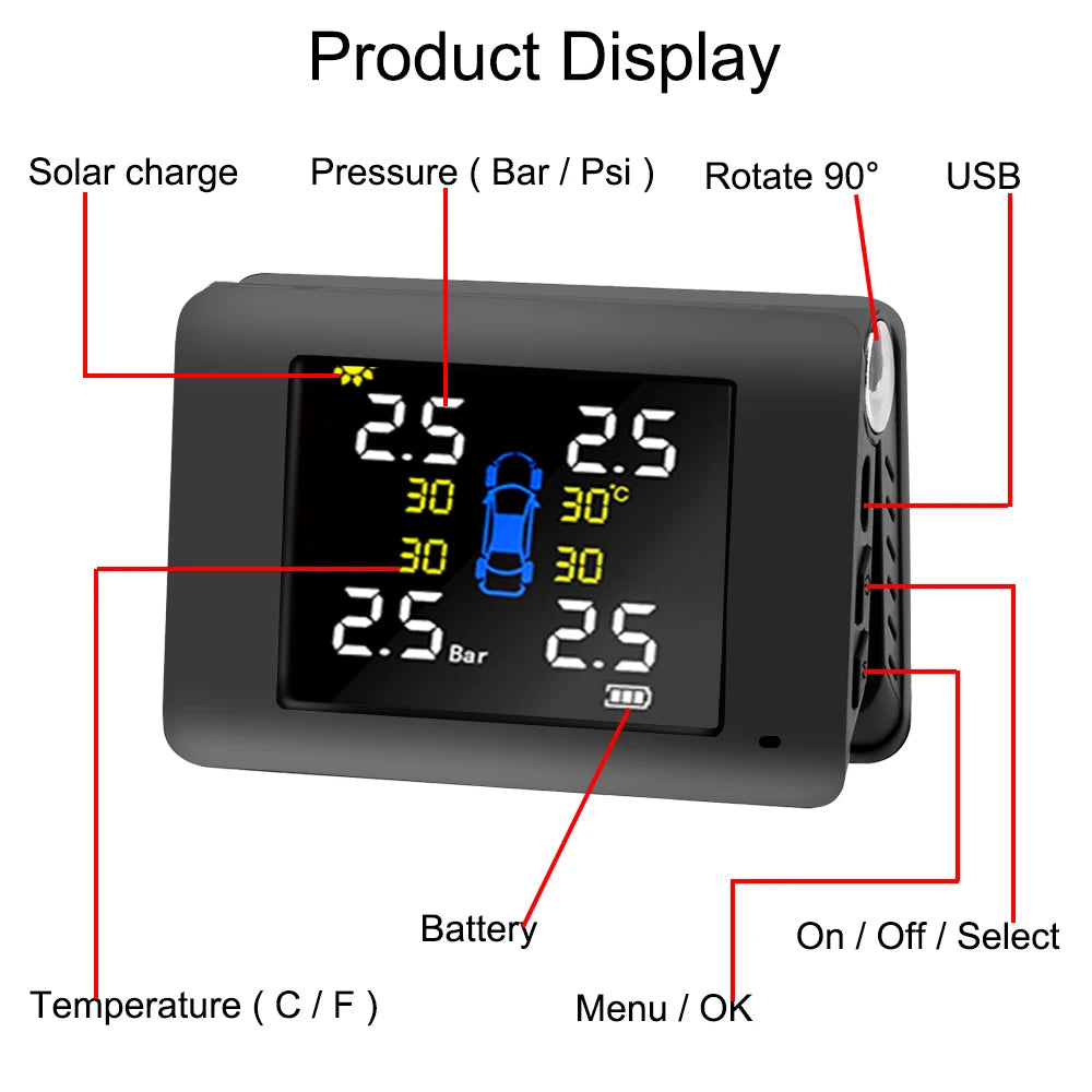 LED Display 4 External Built-in Sensors Solar Power TPMS Car Tire
