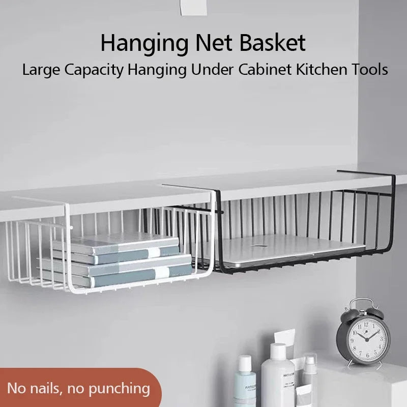 1pcs Portable Metal Iron Kitchen Shelf Under Table Hanging Net Basket Multifunctional Book Storage Rack Home Offices Organizer Zpaxo