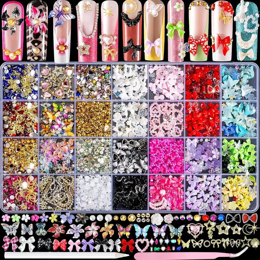 24 Grid Resin Nail Art Mixed Charms Flowers Butterfly Heart Pearl DIY