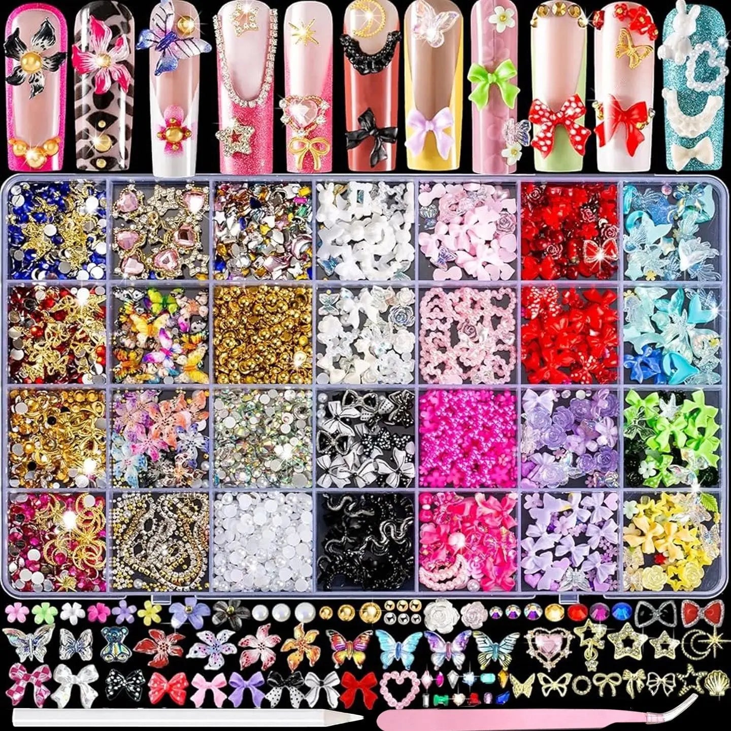 24 Grid Resin Nail Art Mixed Charms Flowers Butterfly Heart Pearl DIY