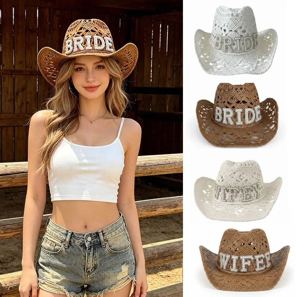 Fashion Rhinestone Letters Bride Wifey Cowboy Hat Crochet Breathable Cowgirl Hat Hollow Sun Hat For Wedding Bridal Party Zpaxo