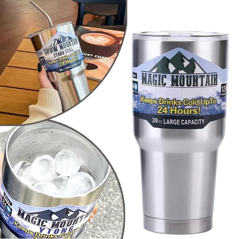 Magic Stainless Steel Freeze Thermos Cup with Straw Ice Coffee Drink Vacuum Insulated Bottle Car Travel Outdoor Mountain Cup Zpaxo