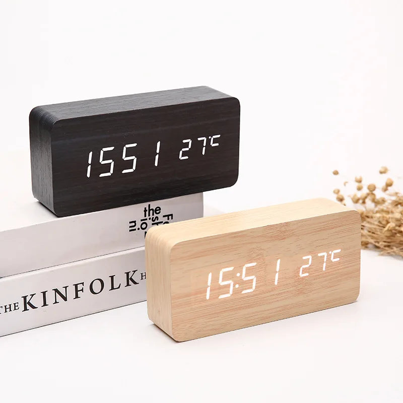 LED Student Alarm Clock Simple Wooden Temperature Display Sound