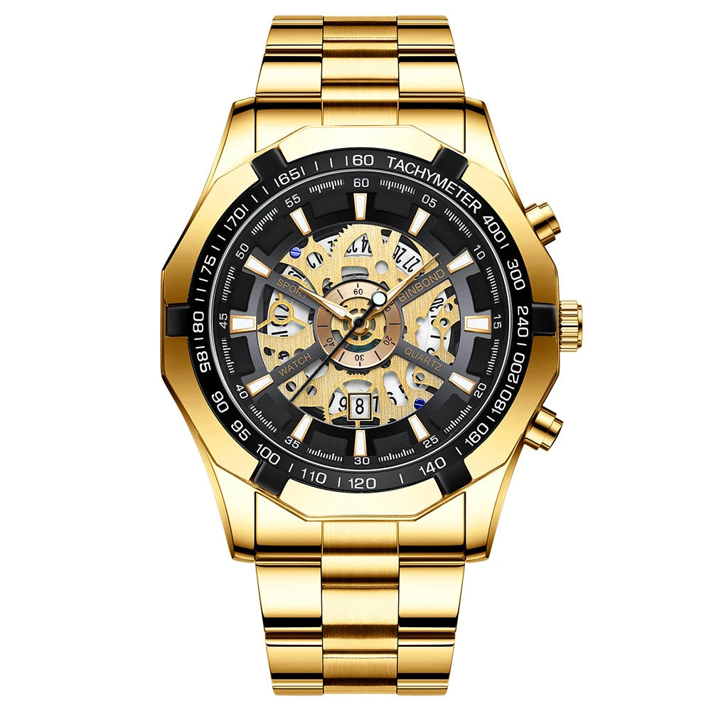 BINBONG Business Men's Watches Waterproof Calendar Luminous Fashion Quartz Watch For Man Stainless Steel Male Clock Reloj Hombre Zpaxo Gold Black