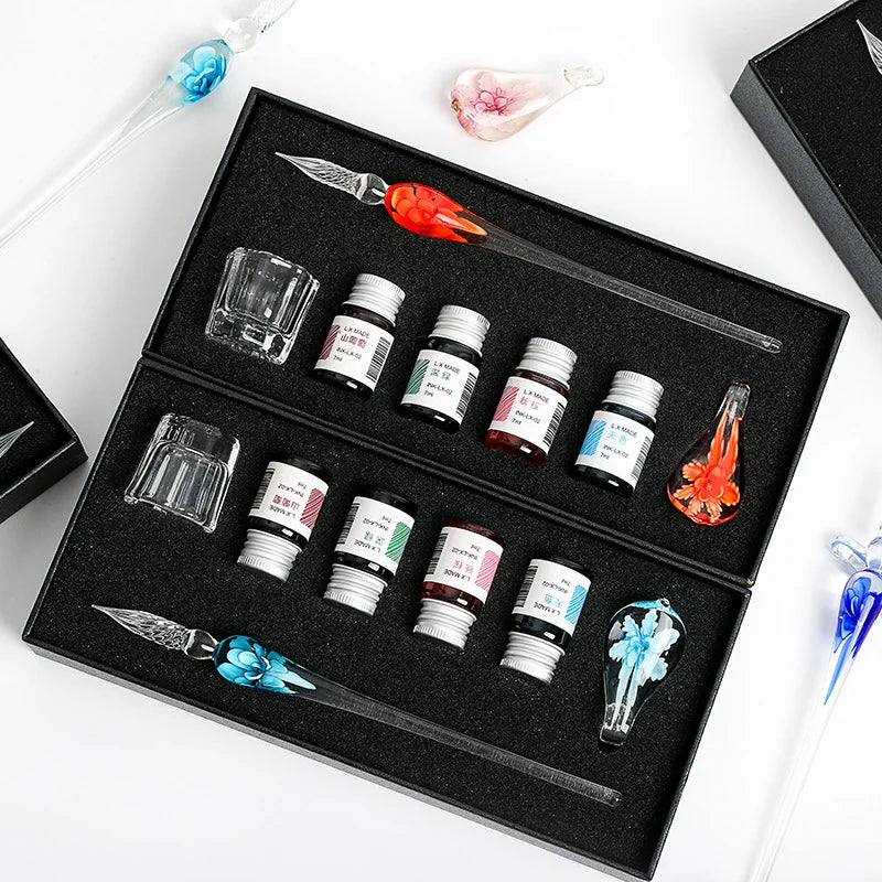 Flower Crystal Glass Dip Pen Set – Elegant Gift for Writers