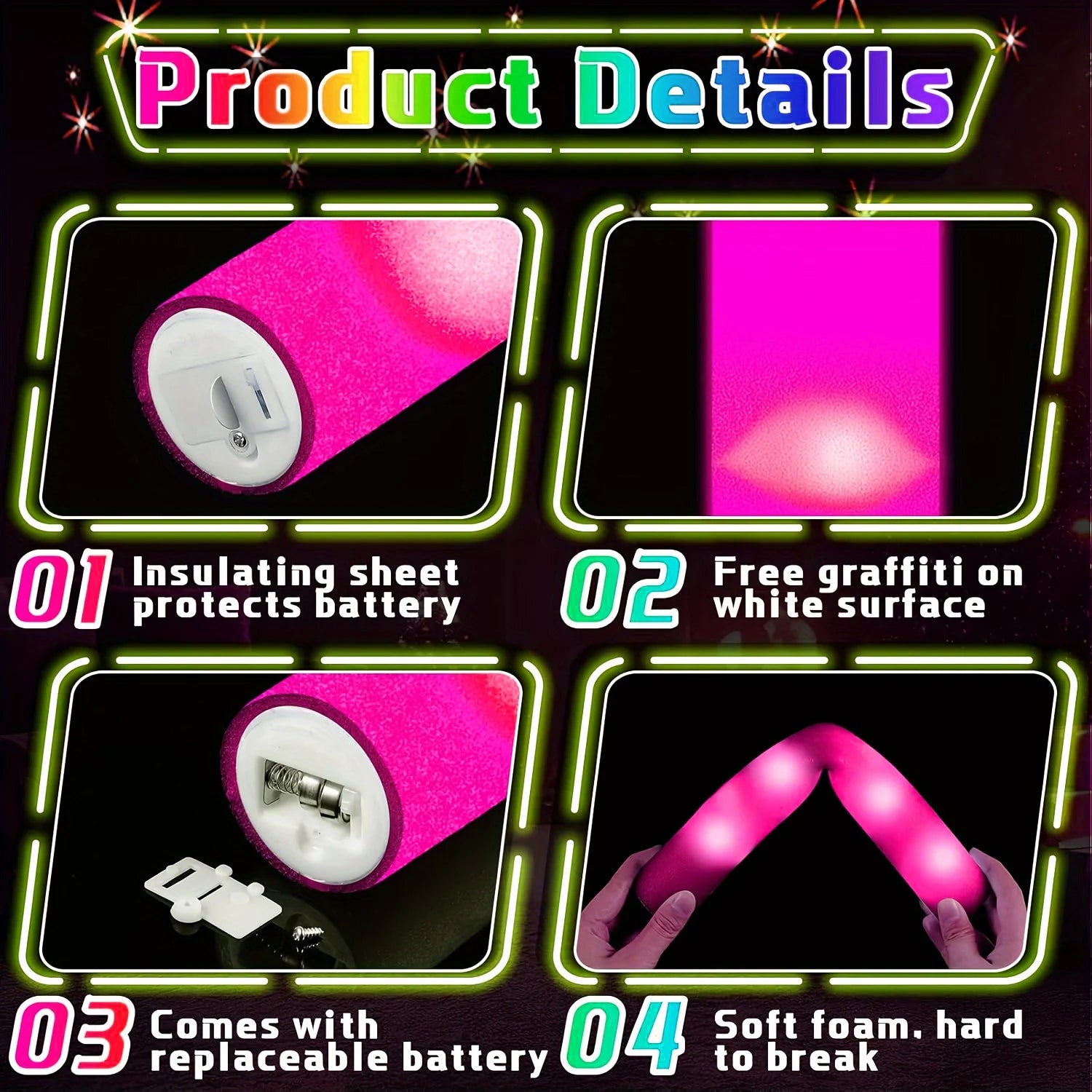 Pink LED Foam Stick Sponge Light Up Baton Wands Cheer Tube Glow Dark