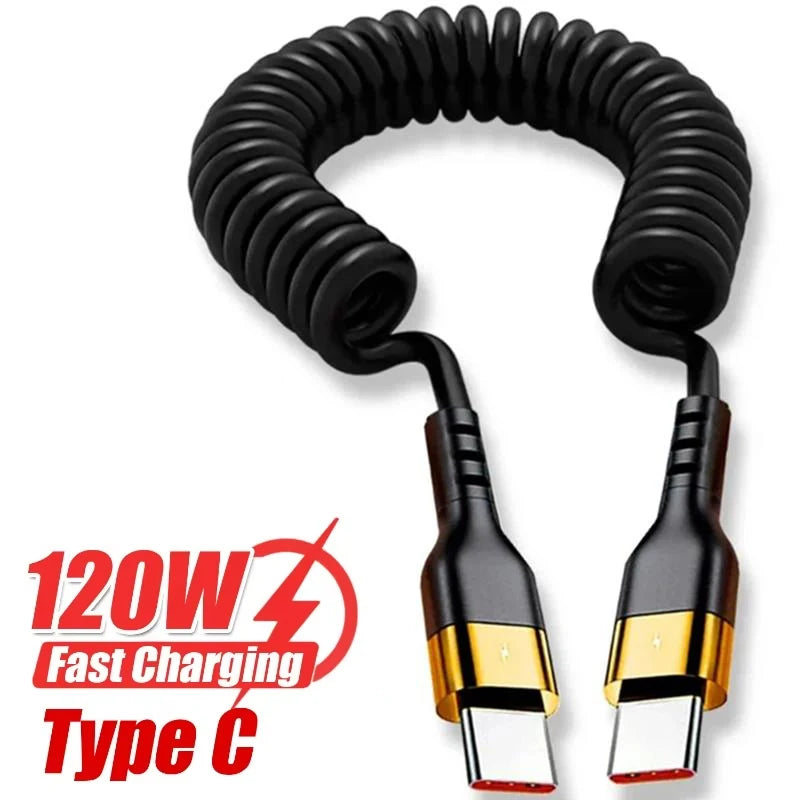 USB Type C PD 120W Car 5A Fast Charging Type C to Type C Spring Telescopic Cable For iPhone 15 Serie Samsung Huawei Xiaomi Redmi Zpaxo