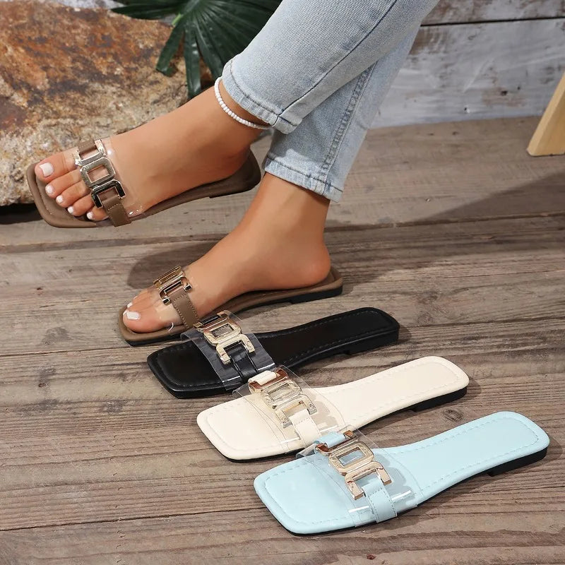 Women's Sandals Summer Large Fashion Metal Buckle Slippers Flat Pvc