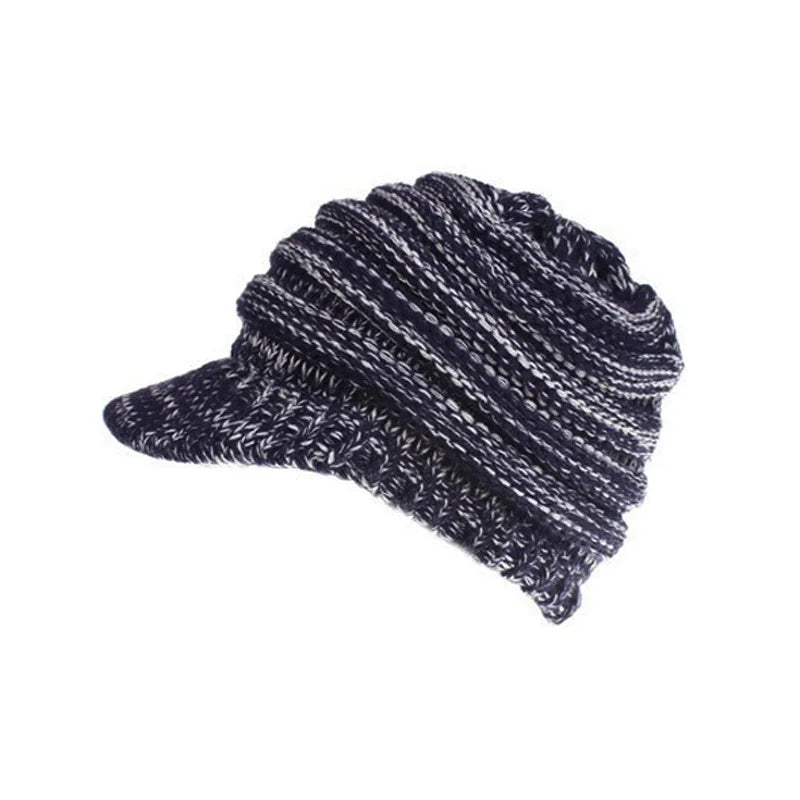 Women's Knitted Ponytail Beanie Hat with Brim | Winter Warm