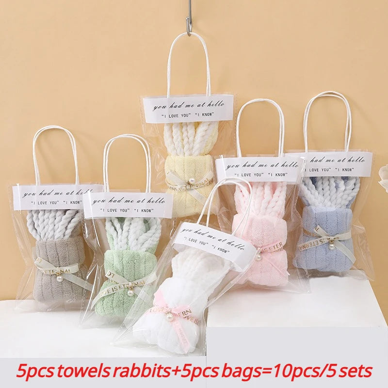 5sets Bunny Shaped Towel Includes 5 Towels Bags Coral Fleece