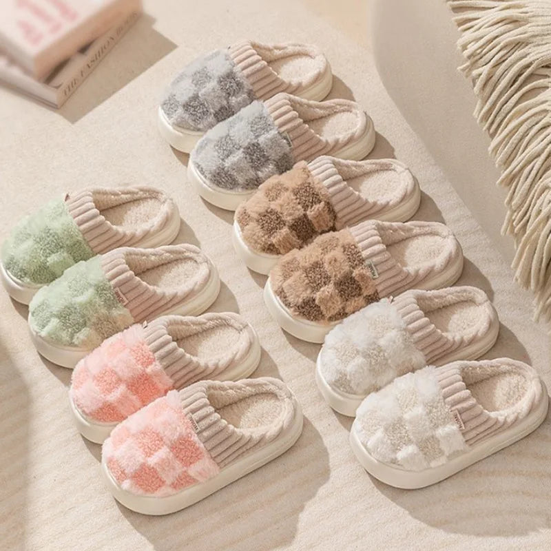 Fashion Couple Winter Slides Warm Plaid Fluffy Slippers Soft Sole