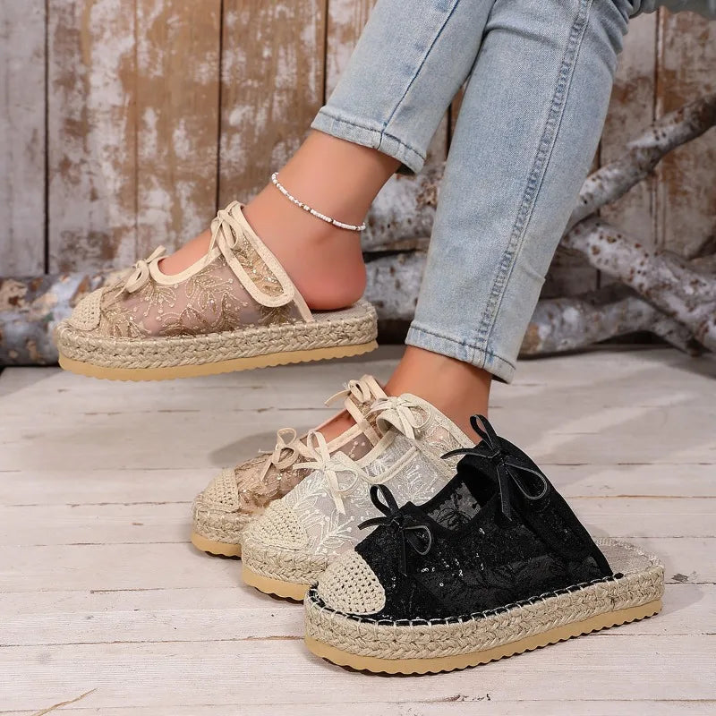 Summer Women's Embroidery Bow Embellishment Thick Sole Slippers Women Zpaxo