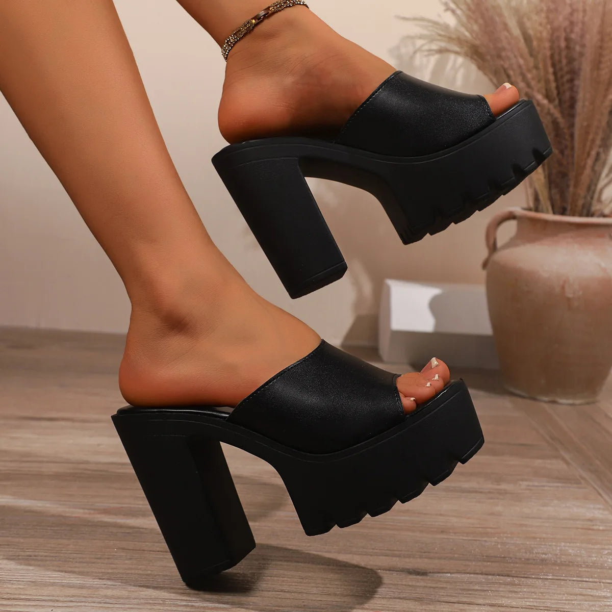 Square Heel Platform Slippers Mules Women Outdoor Slides Peep Toe