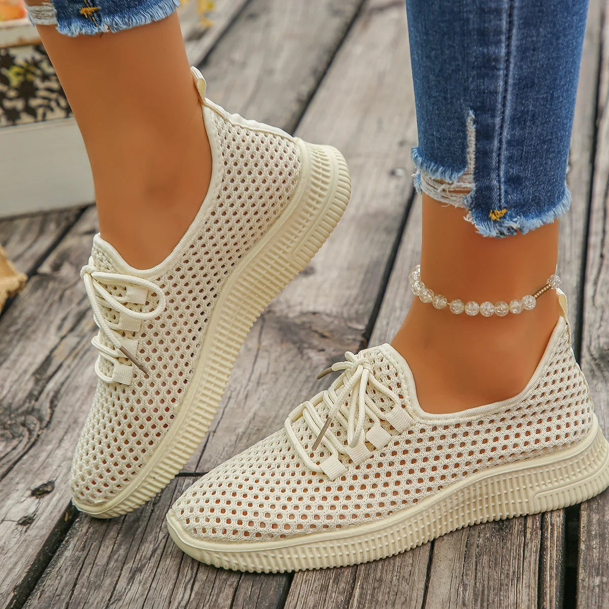 Women's Breathable Mesh Sneakers Lace-up White Walking Shoes Non-slip Zpaxo image color 5 39
