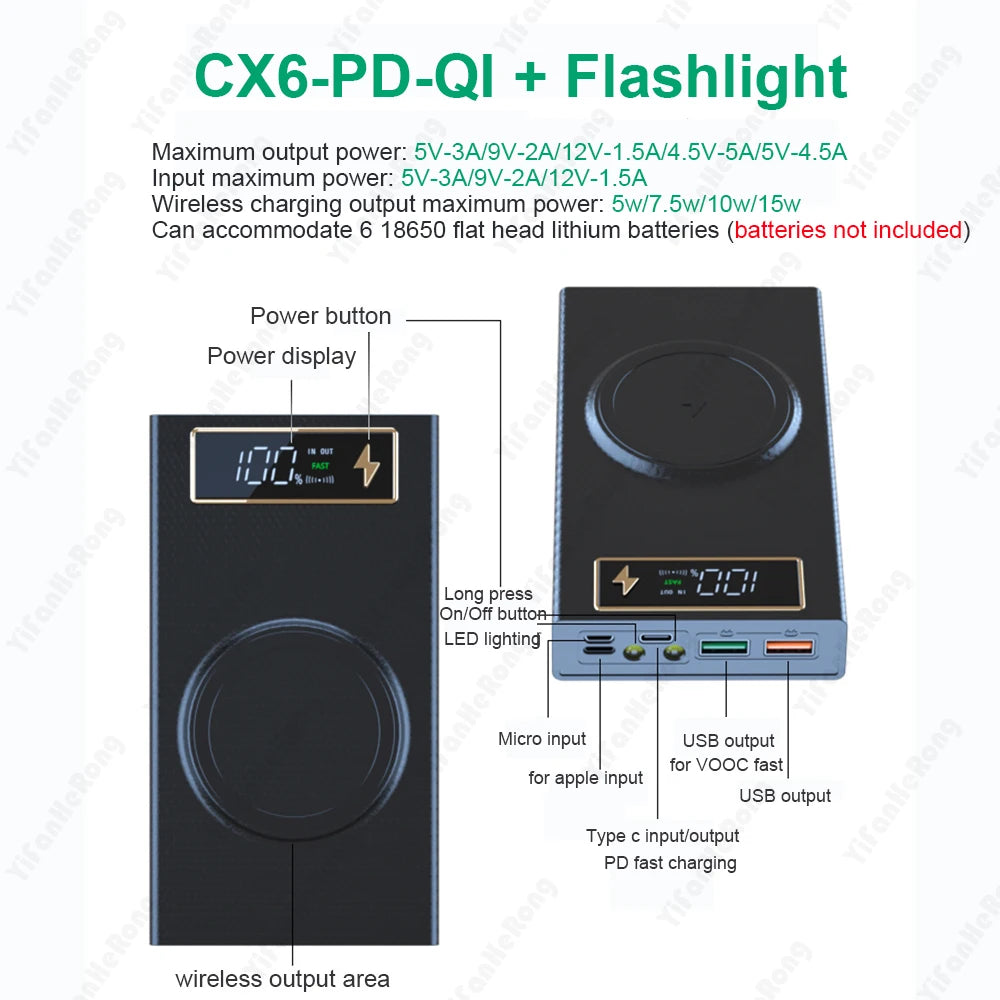 Wireless Power Bank Battery Case 12V PD QC3.0 USB C Quick Fast Charging DIY Shell 18650 Battery Charger Case for iPhone 14 Zpaxo