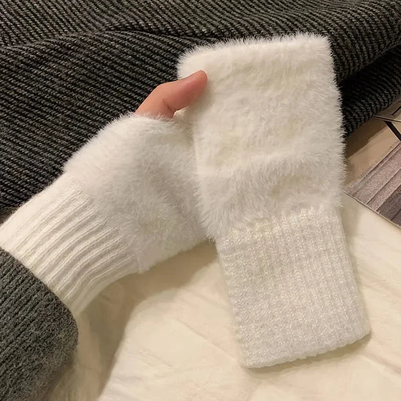 Autumn Winter Soft Mink Fleece Half Finger Gloves Women Plush Knitted Fingerless Gloves Wrist Mittens Driving Writting Gloves Zpaxo