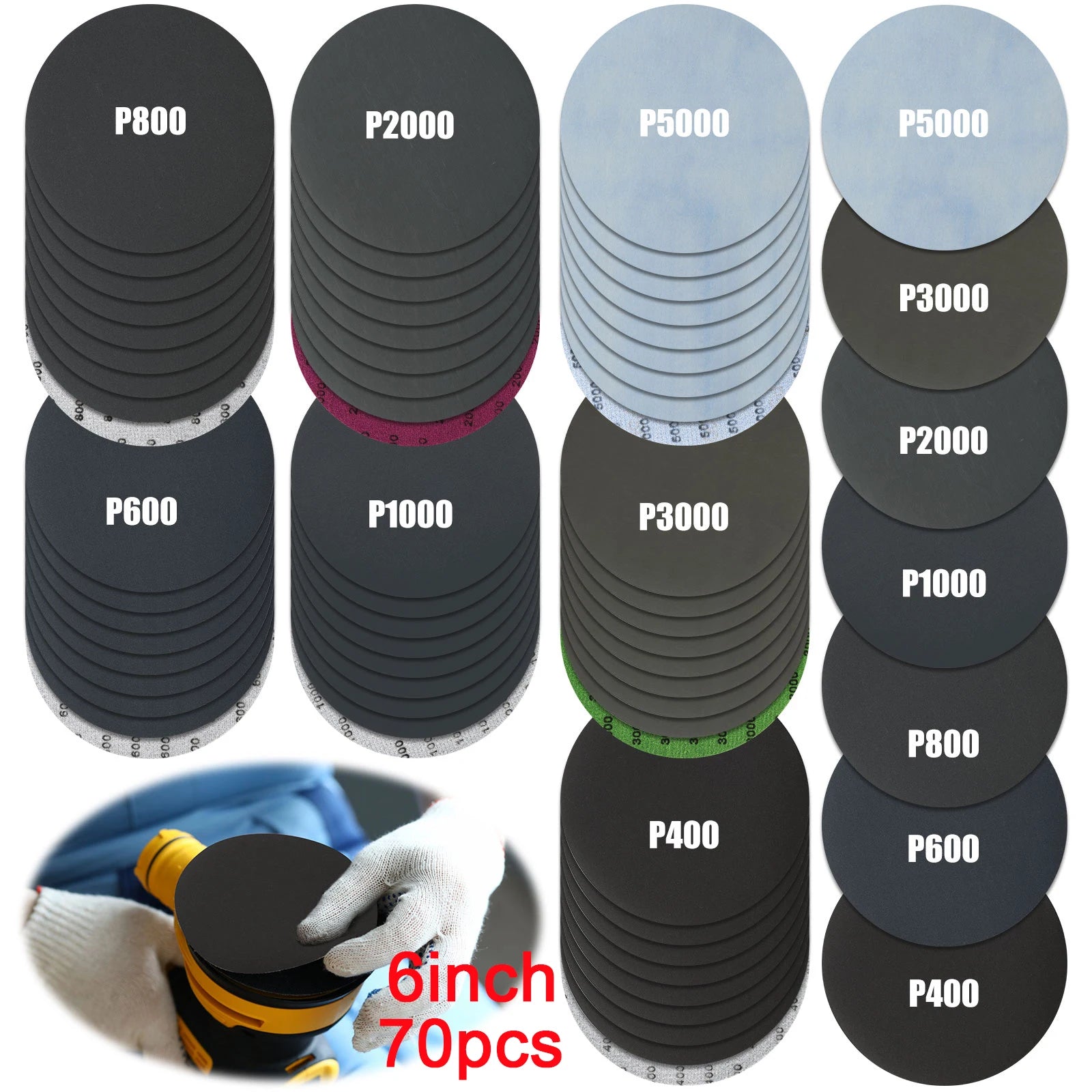 70/50pcs 6 Inch Wet Dry Sanding Paper Discs Hook and Loop400-5000 Grit Sandpaper for Automotive Wood Metal Glass Polishing Zpaxo