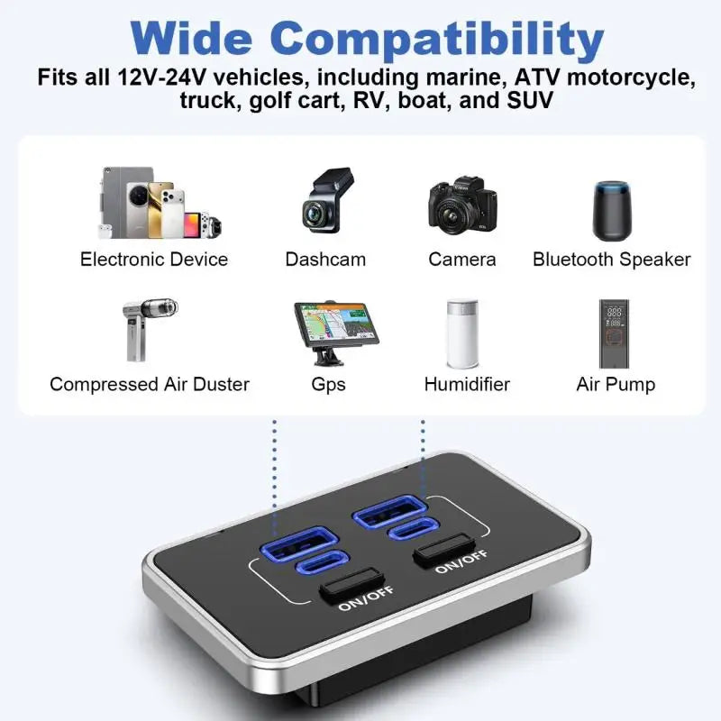 4-Port 78W RV USB Outlet – Dual PD Type-C & QC 3.0 Panel Mount