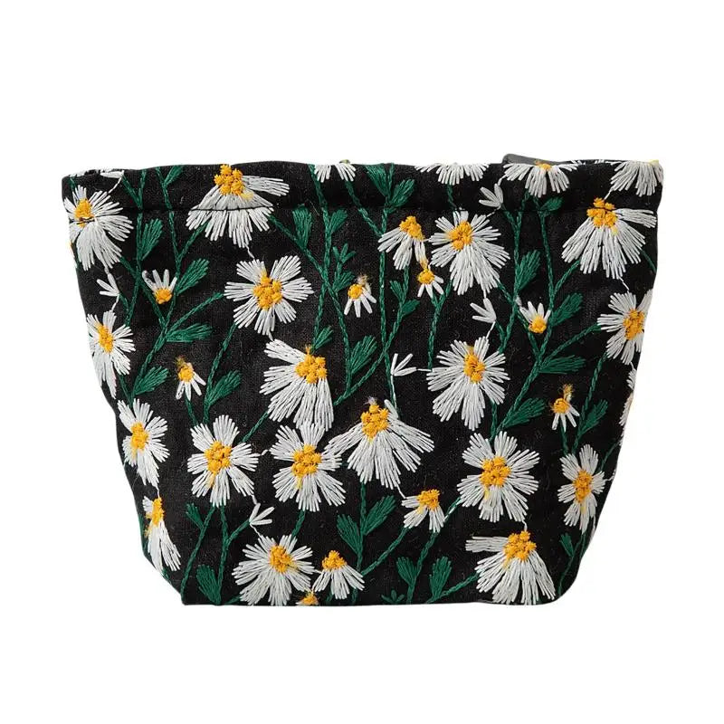Floral Embroidery Canvas Cosmetic Bag – Travel Makeup Organizer