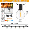 Outdoor String Lights G40 LED Patio Lights EU Plug Edison Bulbs Waterproof Hanging Light for Backyard Party Wedding Camping Lamp Zpaxo 9M 15Bulbs 220V-EU Plug