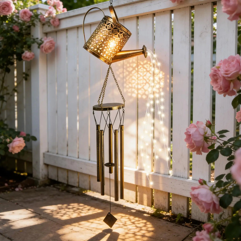 Solar Watering Can Lights Retro Iron Kettle Shape Home Decor Chime
