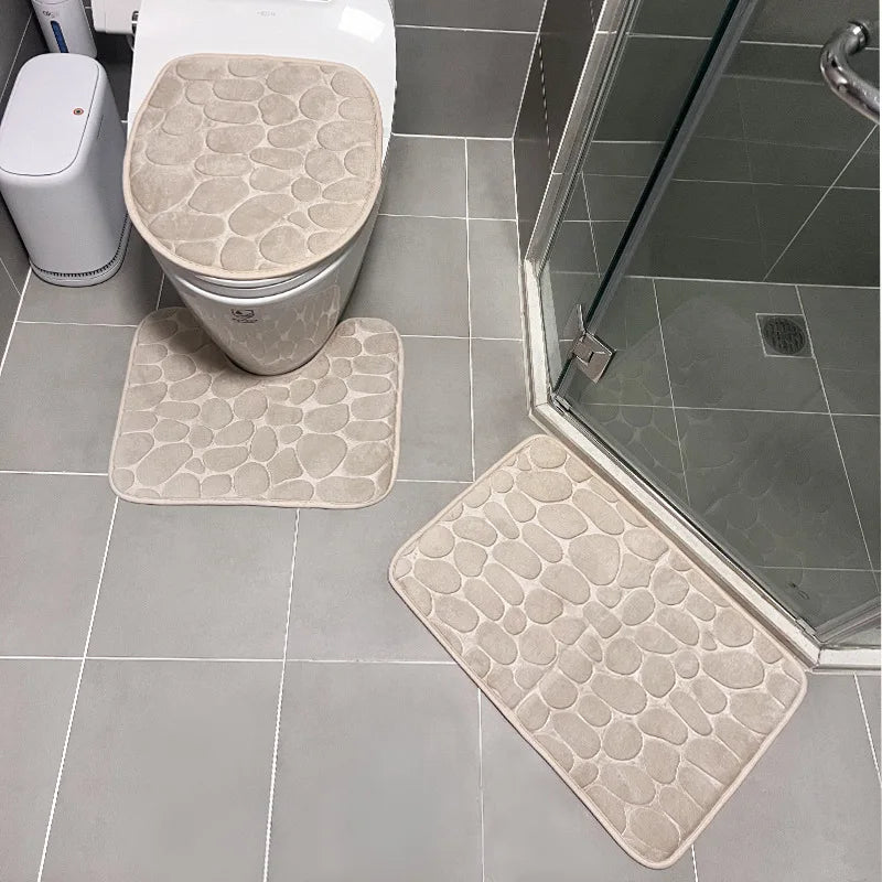3PCS Solid Color Simple Bathroom Water-absorbing and Non-slip Floor Mat Stone Pattern, Comfortable and Soft, Three-piece Set Zpaxo Khaki color Three piece set