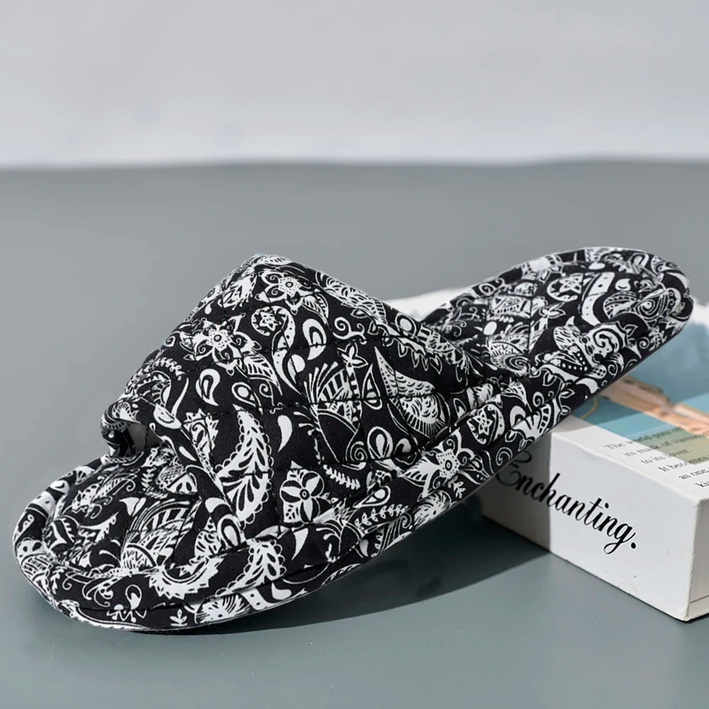 Women Home Slippers Soft Cotton Floral Floor Shoes Antislip Bedroom Zpaxo black ONE SIZE