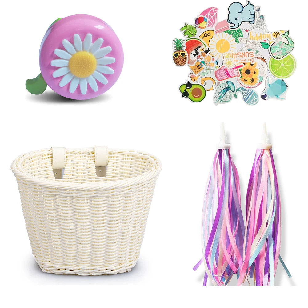 Rainbow Bicycle Basket+bell+tassel+stickers Kid Front Handlebar Zpaxo White 1set