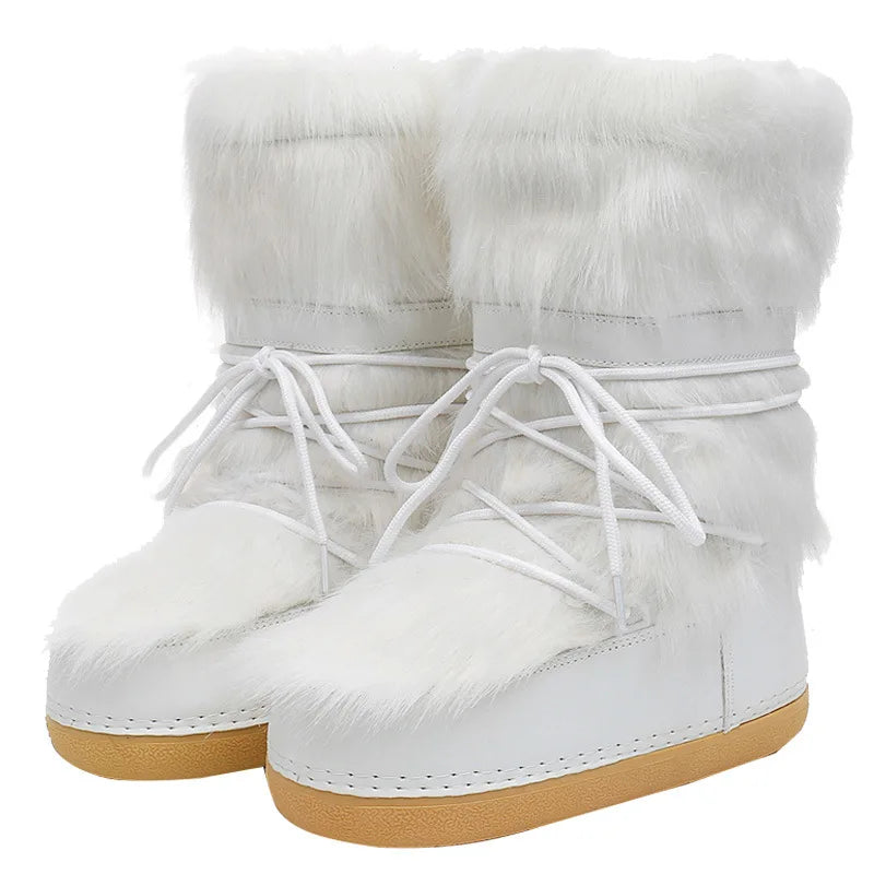 2024 Winter Snow Boots Women Ski Fluffy Hairy Lace Up Middle Calf Zpaxo