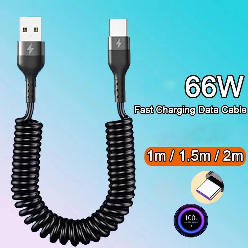 USB C 66W Car 5A Fast Charger Cable Spring Telescopic Phone Charging Zpaxo