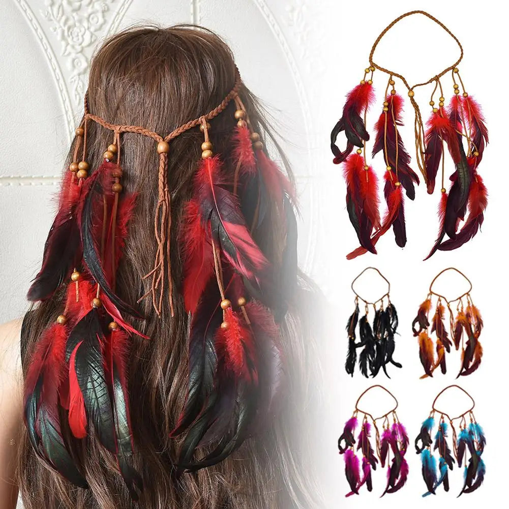 Bohemian Feather Hairband Women's Festive Masquerade Carnival Hippies Costume Indian Prom Gypsy Long Tassel Hair Accessories Zpaxo