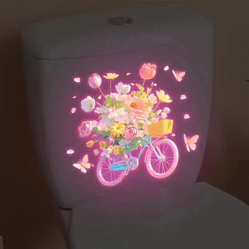 Glow-In-The-Dark Lotus Dahlia Bicycle Flower Toilet Stickers Self-Adhesive Removable UV Night Decal Wall Stickers Bathroom Decor Zpaxo