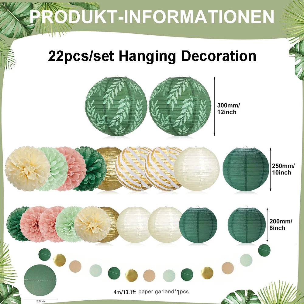 Sage Green Hanging Paper Lantern Tissue Pom Poms Party Decoration