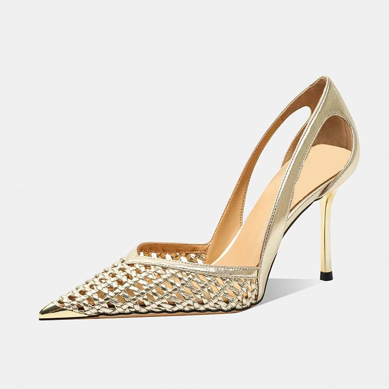 Women Heel Pumps Pointed Stiletto Heels Shoes Summer 2025 Luxury Zpaxo Gold 35