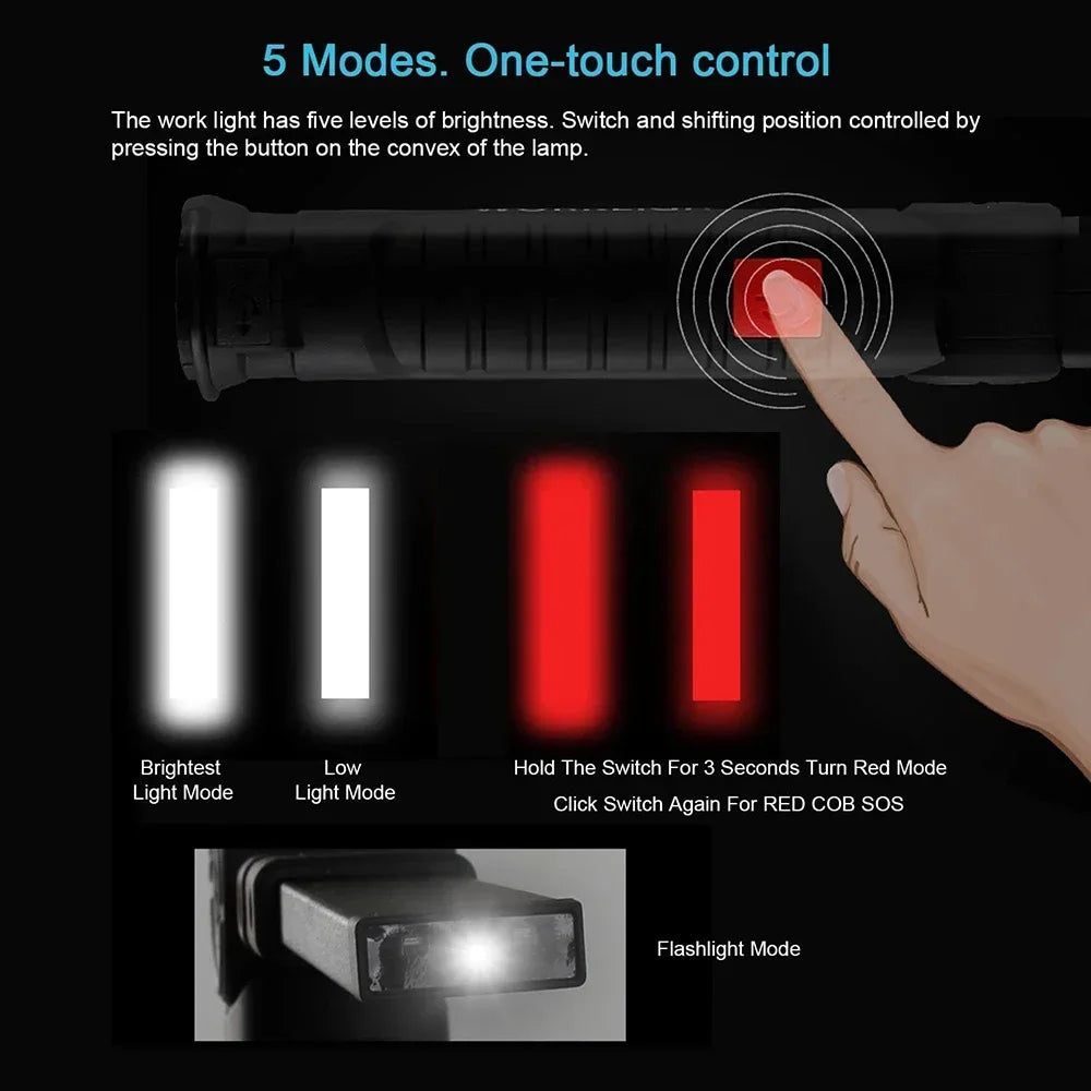 Rechargeable COB LED Work Light – 5 Modes, Magnet & Hook