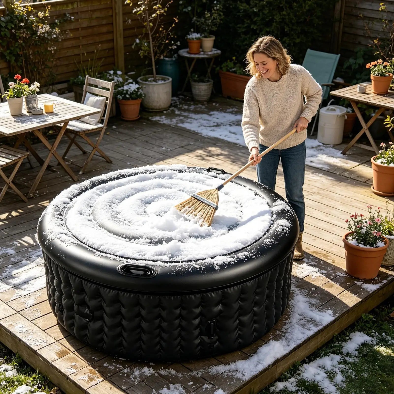Inflatable Tub Cover Energy Saving Round Protective Lid Handles