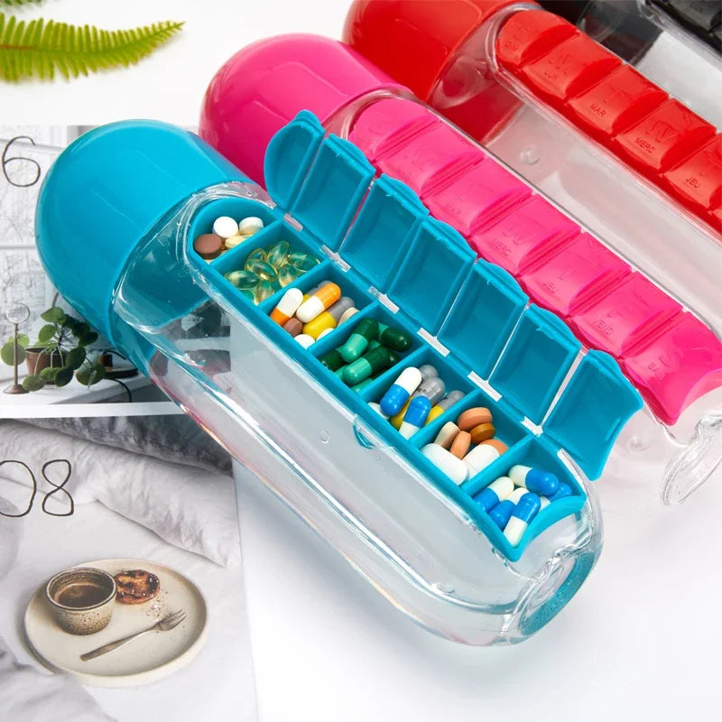 2 in 1 600ml 7 Grids Medicine Box Water Cup Sports Plastic Water Bottle Combine Daily Pill Boxes Organizer Drinking Bottles Zpaxo