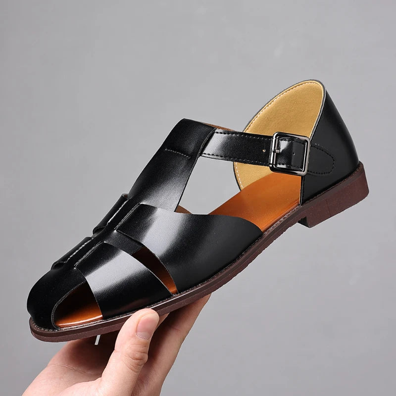 Vintage Brown Leather Roman Sandals Breathable Closed Toe Summer Zpaxo 7899 Black 46 China Mainland