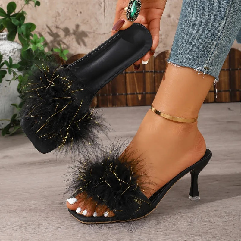 Summer Elegant Open Toe Furry Slippers Women 2026 Heels Square Female Zpaxo