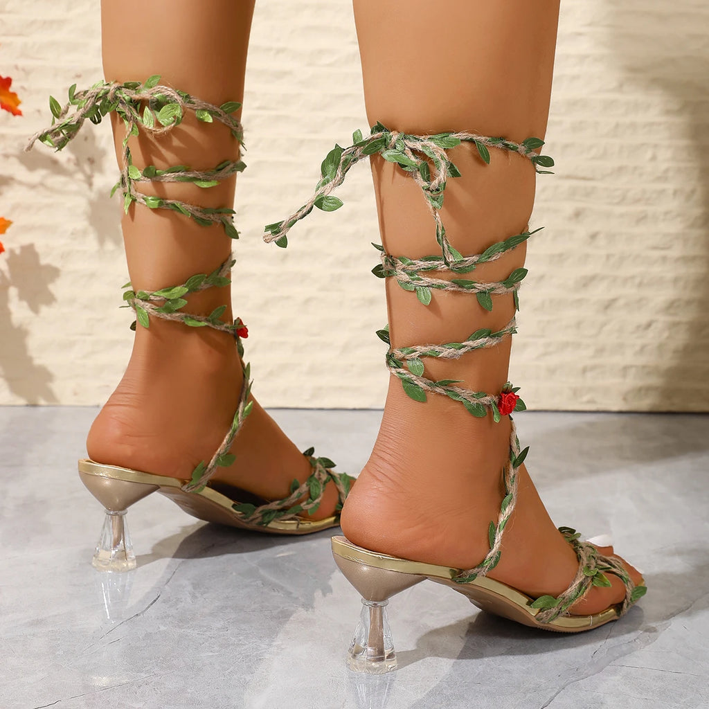 2025 Women Sandals Green Cross Wrap Heel Bohemian Party Dress Shoes