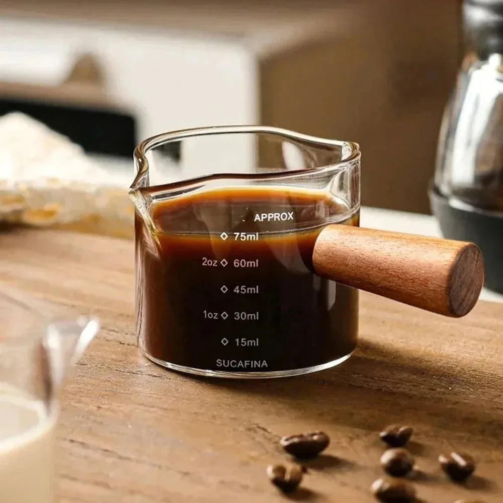 Glass Milk Pot Wooden Handle & Graduated Scale | Espresso Cup Glass Milk Pot Zpaxo
