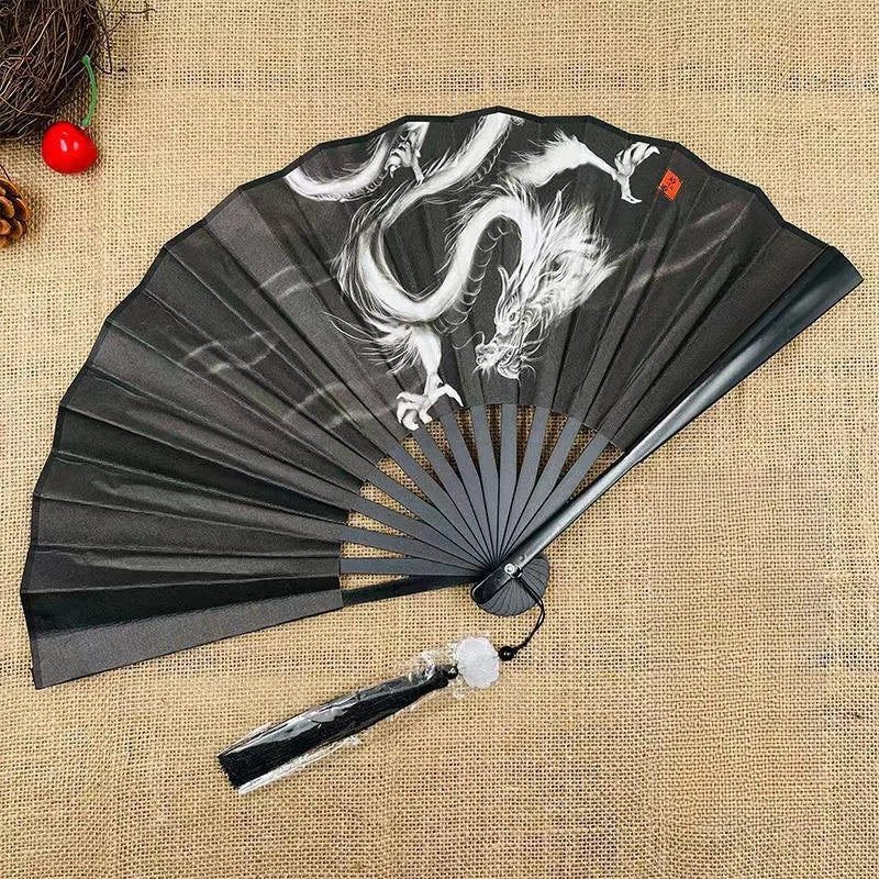 Chinese Folding Fan – Vintage Dragon Print Bamboo Cloth Fan