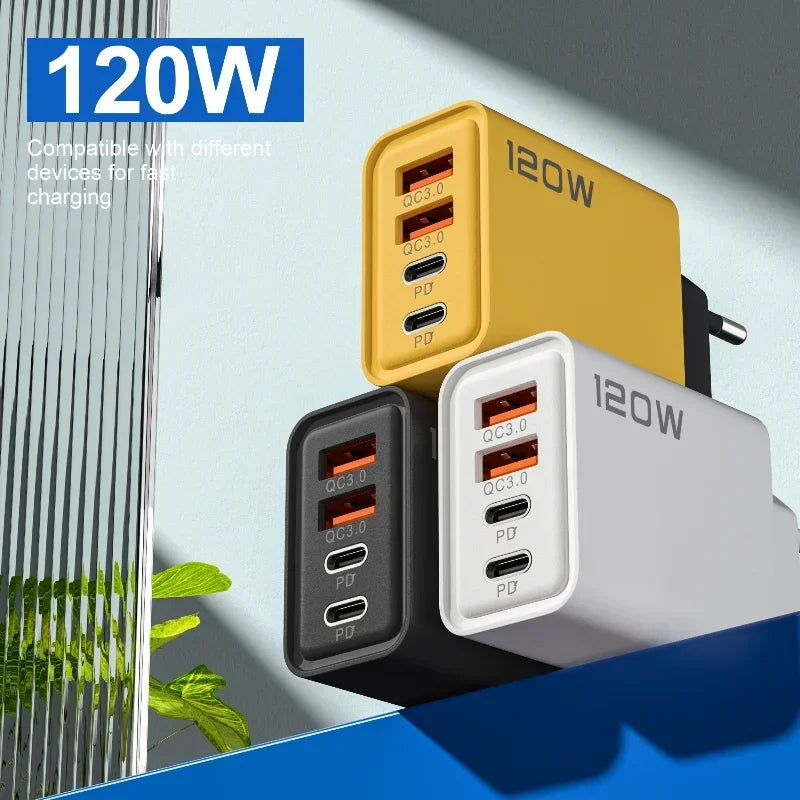 120W 4 Port USB C Charger Fast Charging Data Cable Phone Adapter
