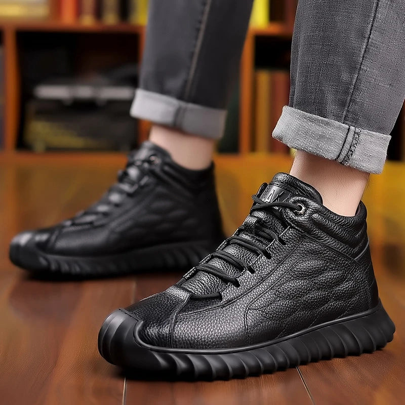Mens Black Leather Fur Lined Sneakers Elastic Lace Warm Winter Shoes Zpaxo