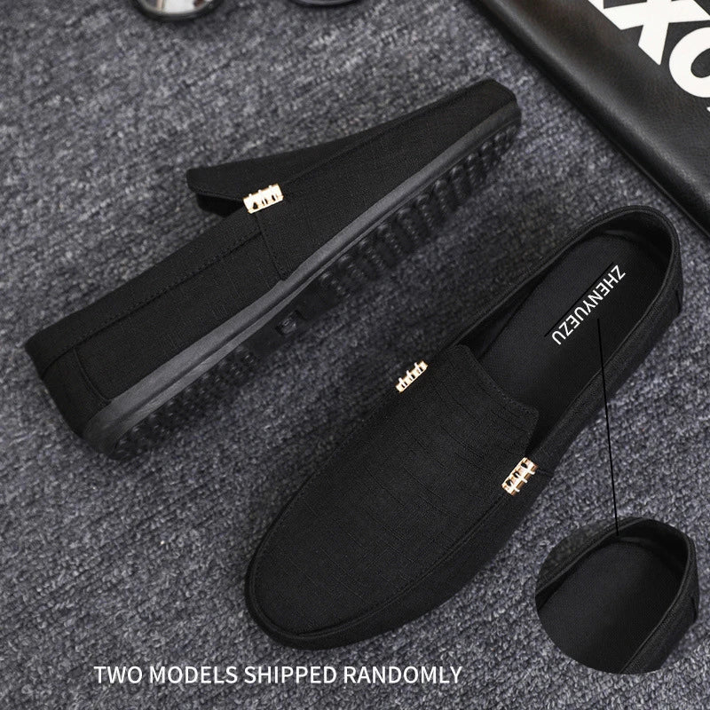 Men's Beige Linen Loafers Gold Buckle Detail Slip Design Breathable Zpaxo
